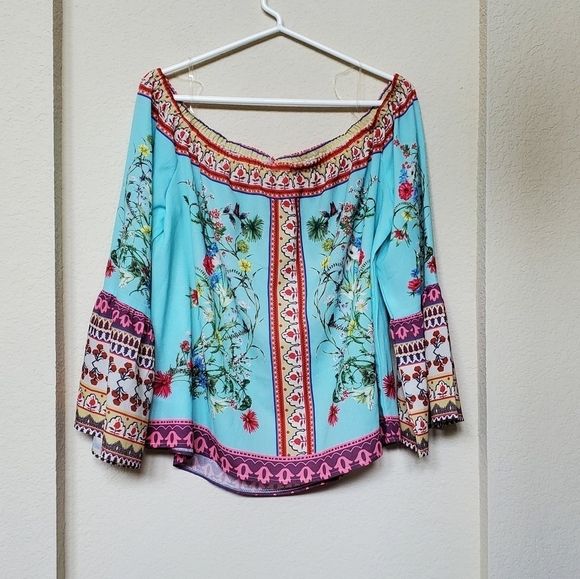 Umgee Border Print Off the Shoulder Boho Top. Size L - Picture 4 of 7